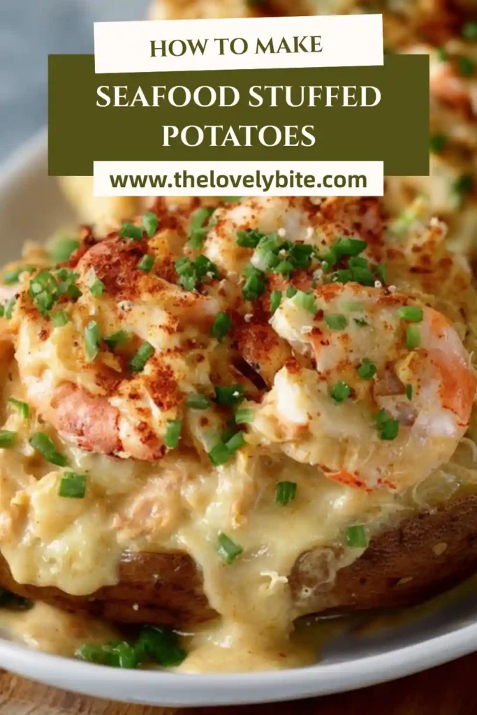 Golden baked Seafood Stuffed Potatoes filled with seasoned mashed potato and covered in cheesy seafood topping. Fresh chives and melted mozzarella add color and texture to this comforting main dish.