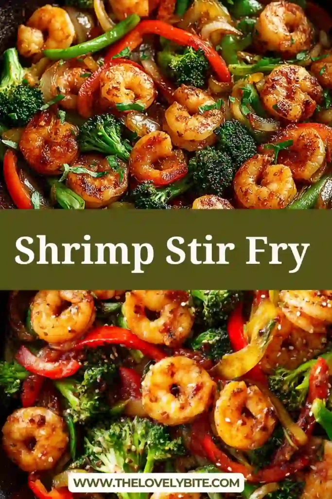 A vibrant shrimp stir fry with broccoli, bell peppers, and snap peas cooked in a savory garlic ginger sauce. The shrimp are perfectly seared and coated in glossy stir fry sauce.