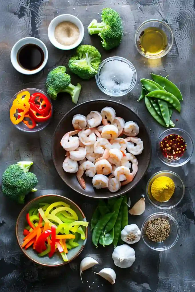 Homemade shrimp stir fry with crisp vegetables and tender shrimp cooked in a wok. The glossy sauce highlights the garlic and ginger flavors.