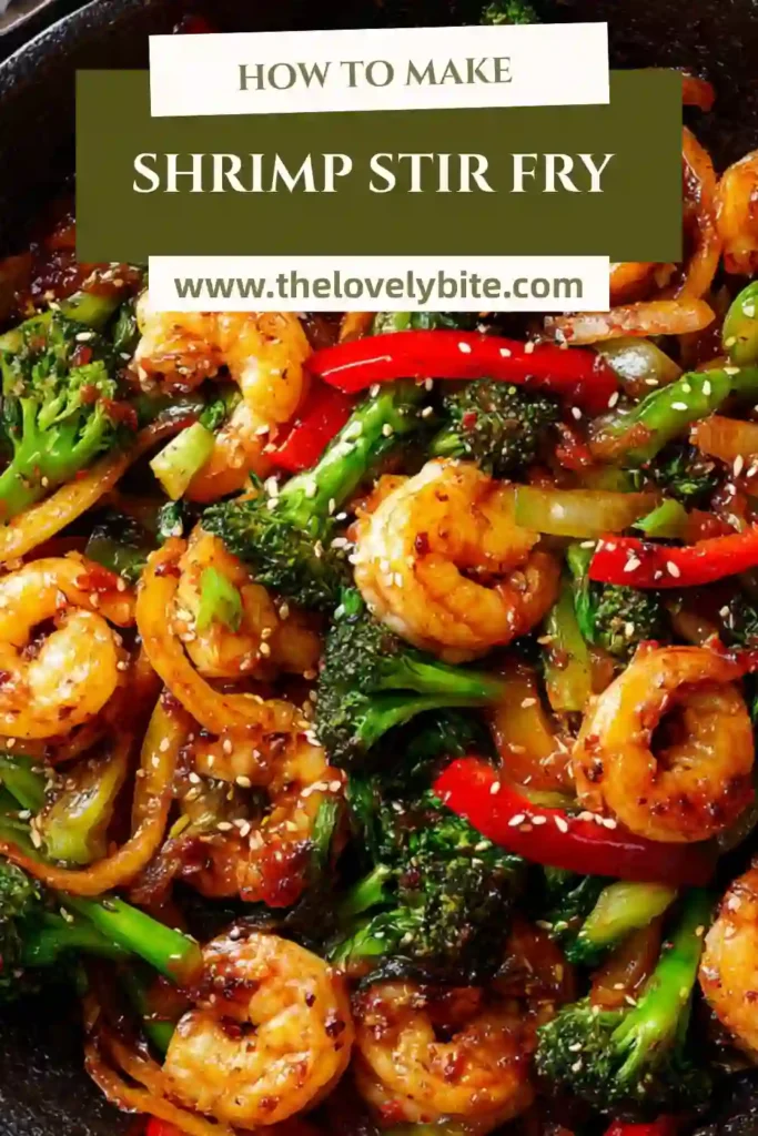 A bowl of shrimp stir fry served over rice with broccoli and bell peppers. The dish is colorful, nutritious, and perfect for a quick dinner.
