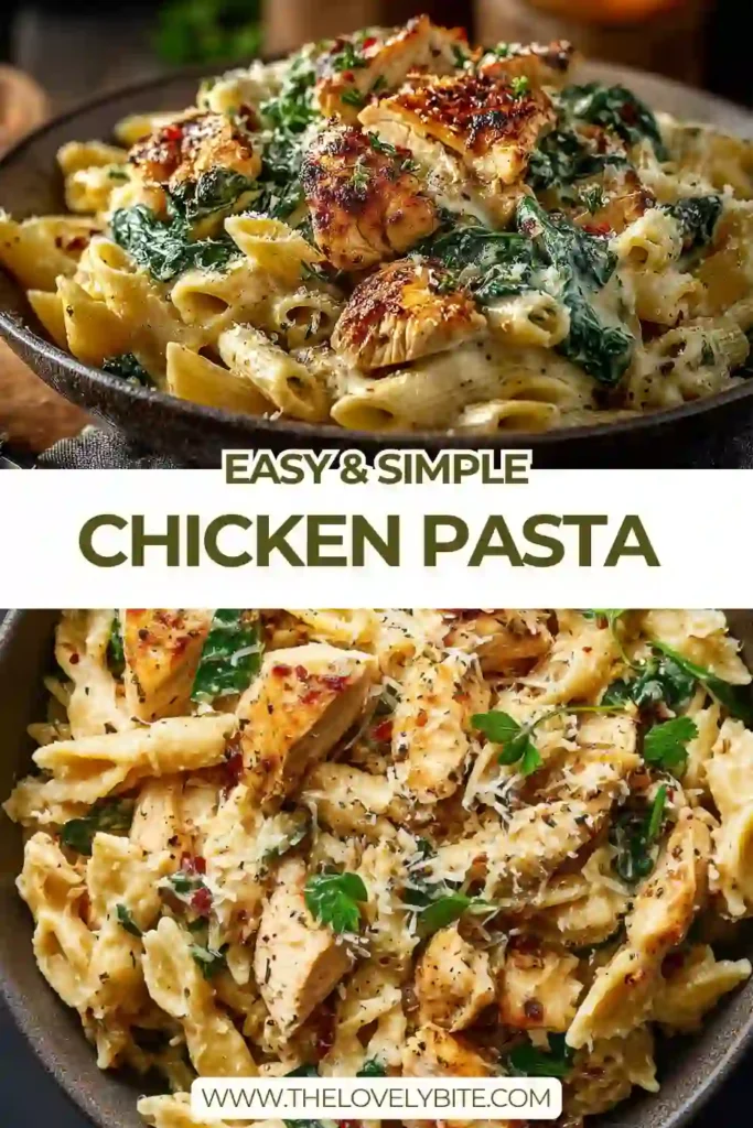 A bowl of simple chicken pasta recipe with creamy sauce, spinach, and diced tomatoes, topped with parmesan cheese.