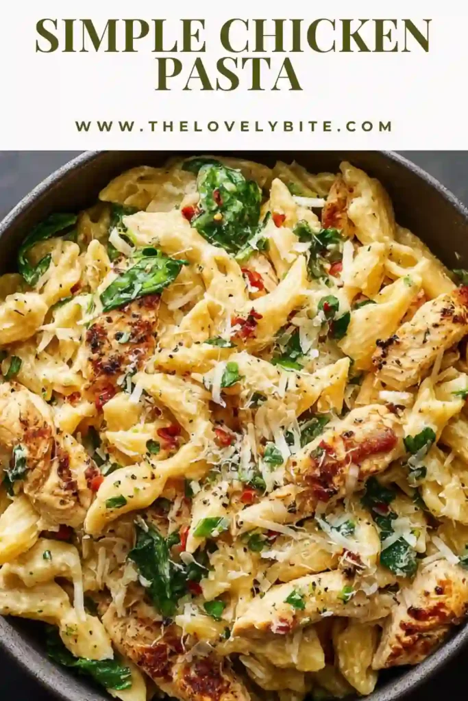Creamy chicken pasta served in a white bowl with fresh spinach and garlic sauce coating the pasta evenly.
