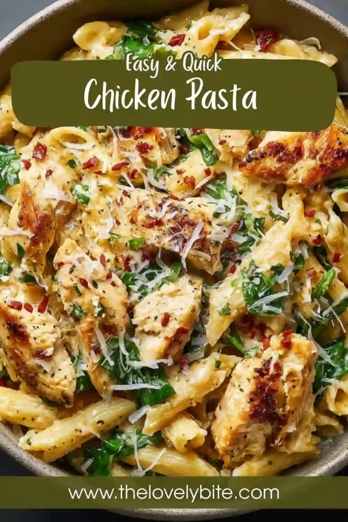 Close-up of simple chicken pasta recipe showing tender chicken pieces and rich creamy sauce.