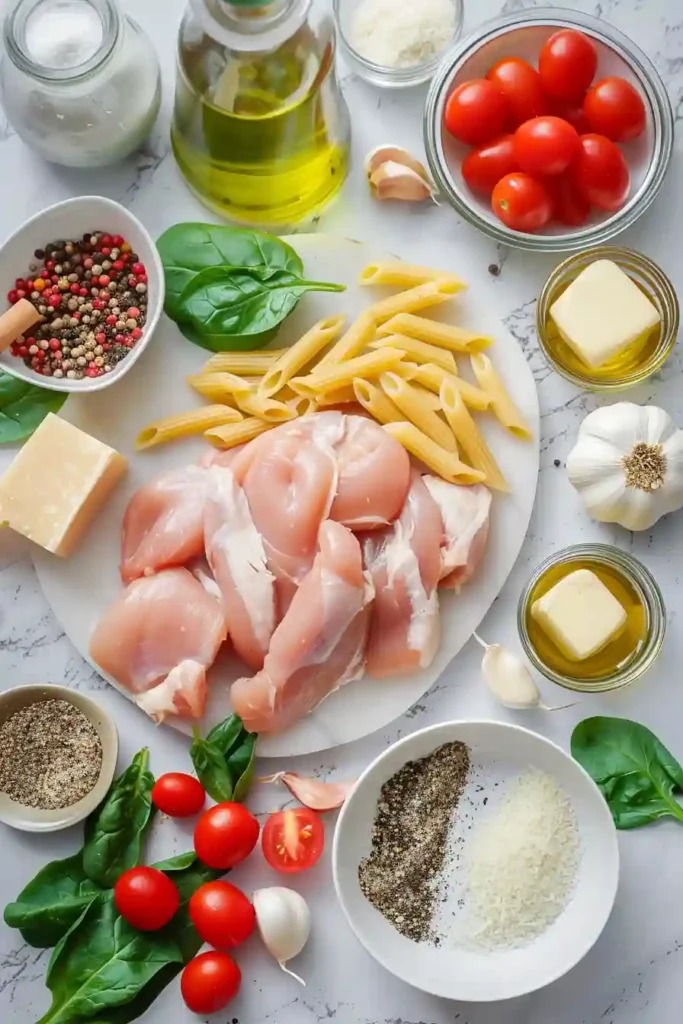 Homemade creamy chicken pasta with penne, spinach, and tomatoes in a rich garlic parmesan sauce.