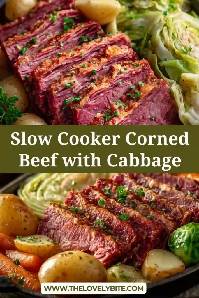 Easy Slow Cooker Corned Beef with Cabbage arranged on a serving tray with juicy beef slices and soft vegetables. Garlic herb butter glistens over the top for a rich and flavorful finish.