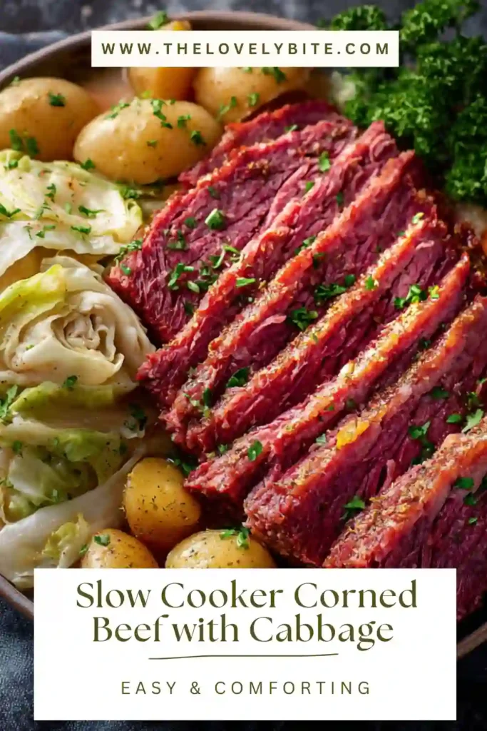 A close-up of Easy Slow Cooker Corned Beef with Cabbage showing moist brisket, buttery potatoes, sweet carrots, and tender cabbage. The meal looks savory, wholesome, and ideal for a cozy dinner table.