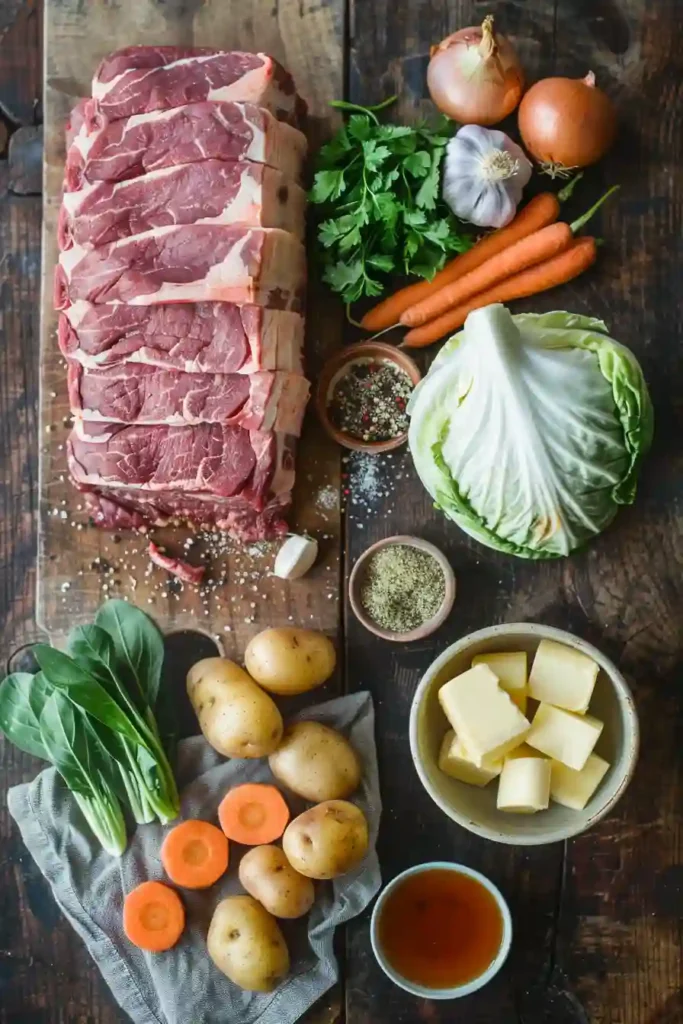 Tender slow cooker corned beef with cabbage, carrots, and potatoes served with cooking broth and fresh parsley. This classic comfort food dinner has a rustic and inviting presentation.