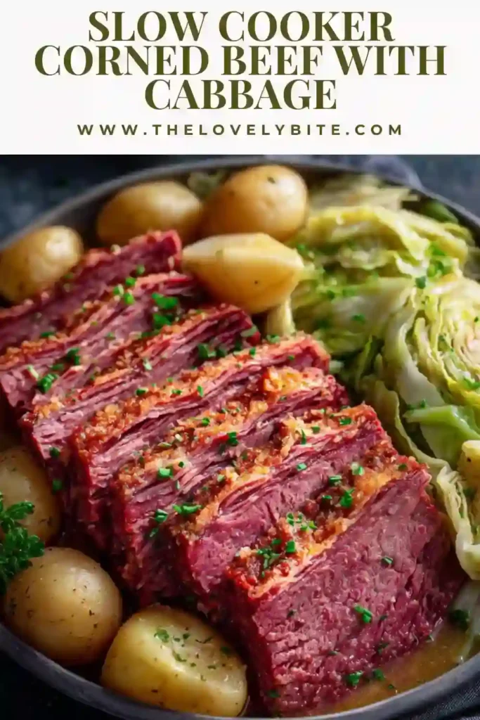 A platter of Easy Slow Cooker Corned Beef with Cabbage served with tender sliced brisket, carrots, potatoes, and cabbage wedges. The dish looks warm, hearty, and perfect for a comforting family dinner.
