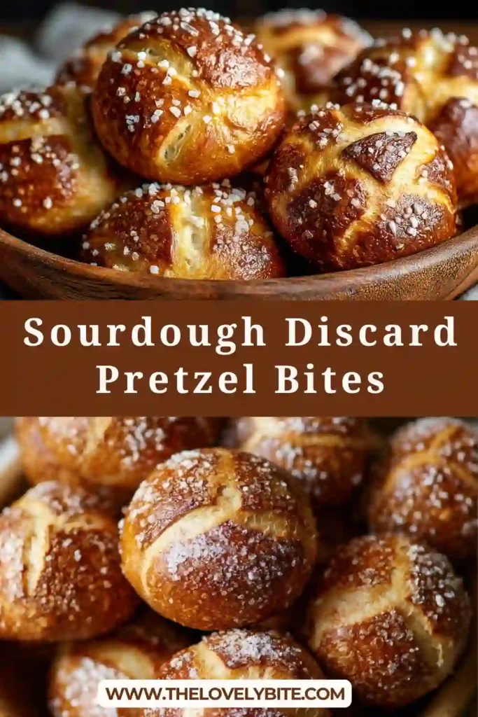 A tray of freshly baked Sourdough Discard Pretzel Bites with golden brown tops and flaky sea salt. These homemade pretzel bites look soft, chewy, and perfect for snacking.