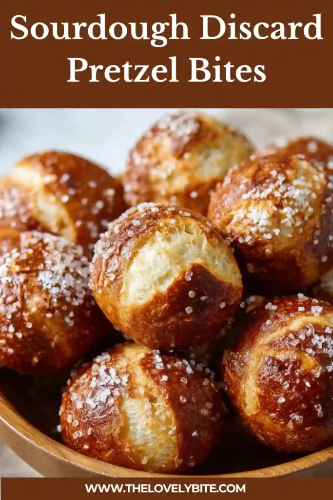 Close-up of warm Sourdough Discard Pretzel Bites served fresh from the oven. The pretzel bites have a deep golden crust, tender centers, and a light sprinkle of sea salt.