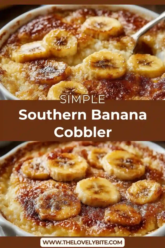 Southern Banana Cobbler served warm with vanilla ice cream melting over the top. The baked banana dessert has a golden crust and sweet cinnamon banana filling.