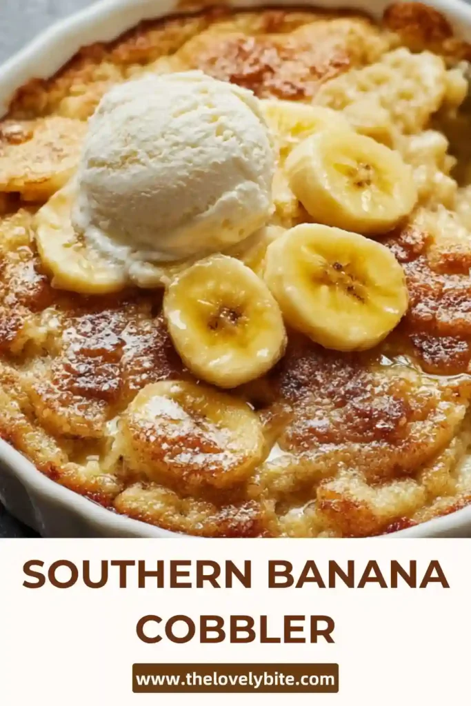 Close-up of homemade Southern Banana Cobbler with sliced bananas baked into a buttery cobbler base. This old fashioned banana cobbler is soft, golden, and comforting.