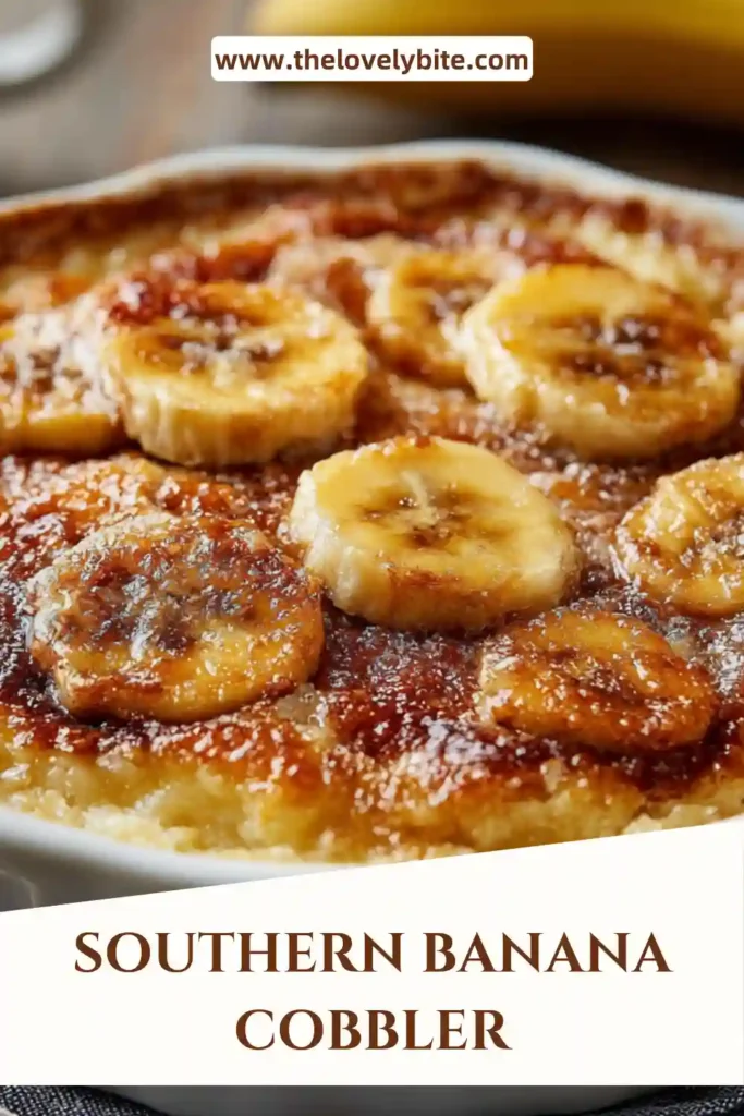 A freshly baked Southern Banana Cobbler topped with whipped cream and chopped pecans. The dessert features ripe bananas, warm spice, and a tender cobbler texture.