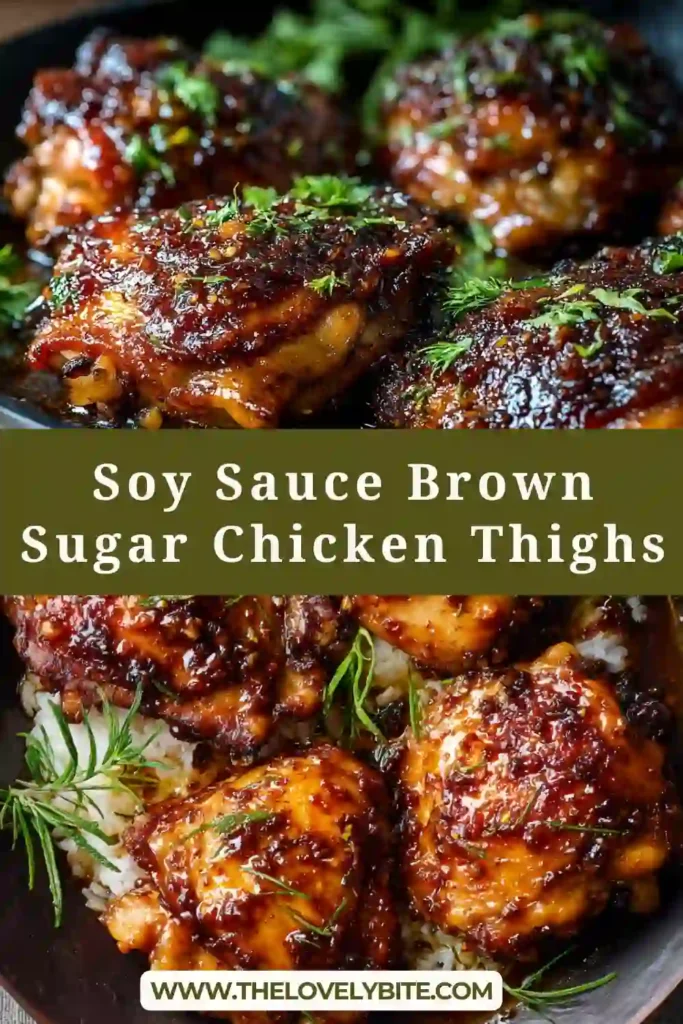 Soy Sauce Brown Sugar Chicken Thighs baked in a skillet with a glossy sticky glaze, garnished and ready to serve hot. The caramelized sauce coats each piece perfectly.