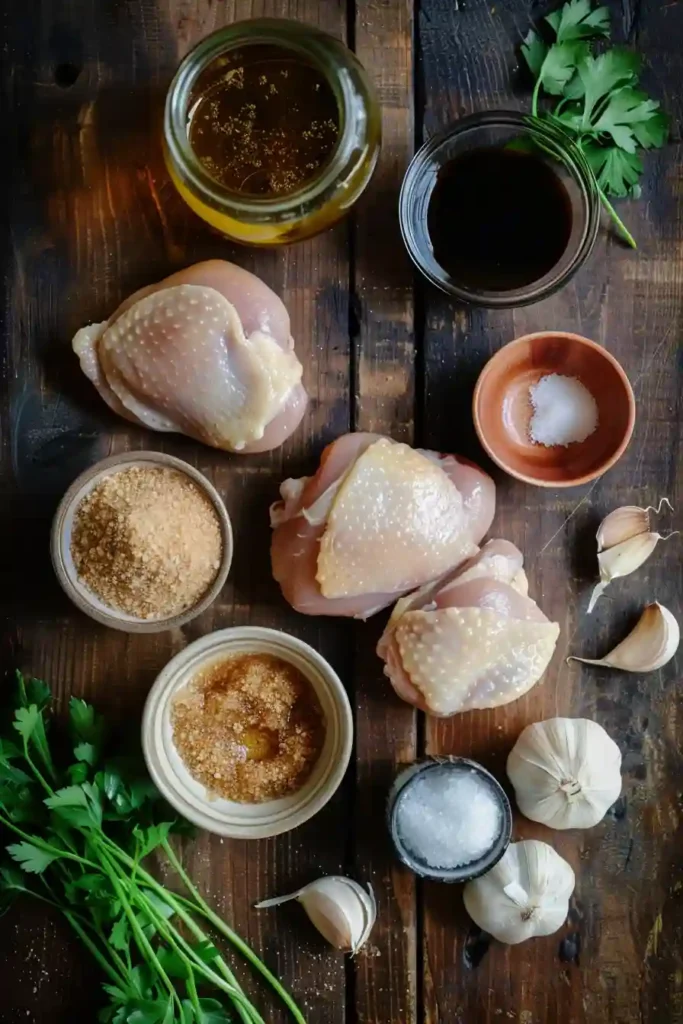 Sticky glazed chicken thighs with soy sauce and brown sugar served in a rustic skillet, showing a rich, savory sauce texture.