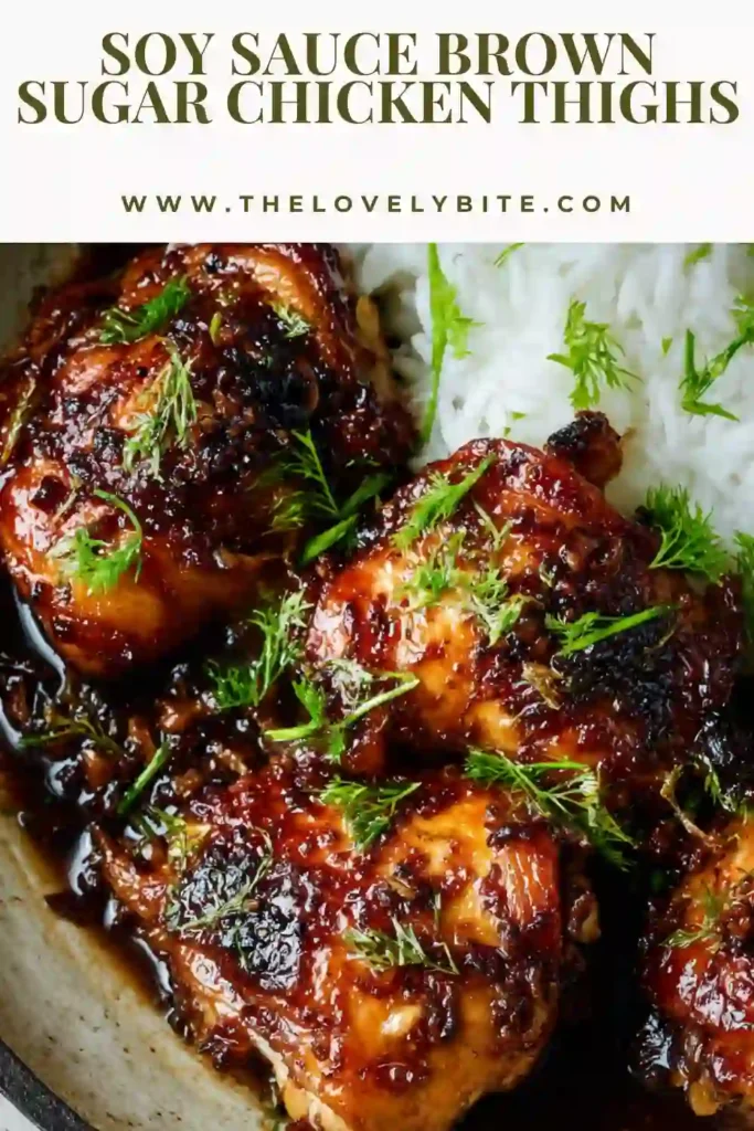 Close-up of oven baked Soy Sauce Brown Sugar Chicken Thighs with rich brown glaze bubbling in a cast iron pan. The chicken looks juicy and flavorful.