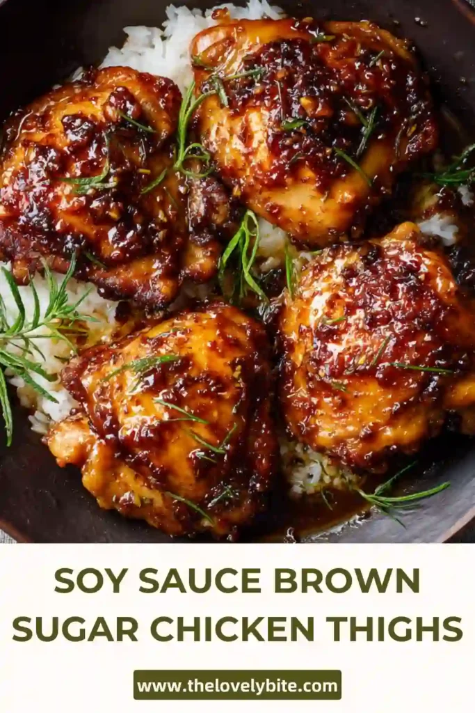 Golden brown chicken thighs covered in a thick soy and brown sugar glaze, cooked until tender and caramelized. Perfect dinner presentation.