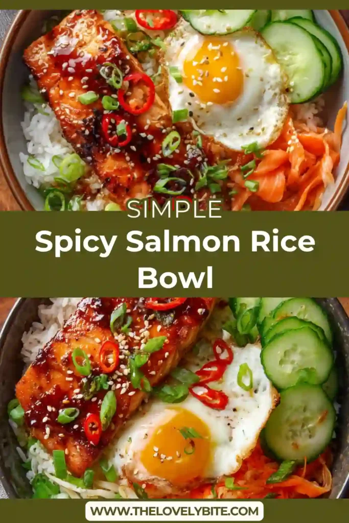 A spicy salmon rice bowl topped with glazed salmon, cucumber, carrots, and spicy mayo over fluffy rice. The dish looks vibrant and fresh with colorful vegetables.