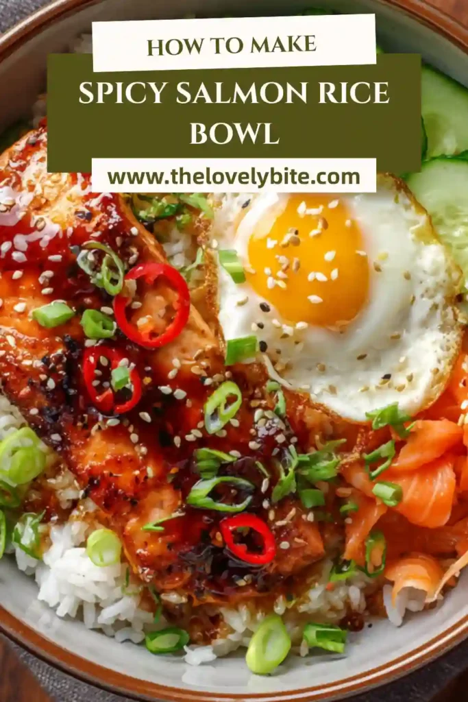 Close-up of a spicy salmon rice bowl featuring baked salmon, sesame seeds, and fresh sliced vegetables. The textures appear rich and appetizing.