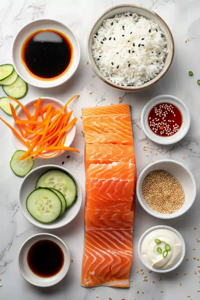 Healthy spicy salmon rice bowl recipe served in a bowl with perfectly cooked salmon and fresh toppings. The presentation is bright and inviting.