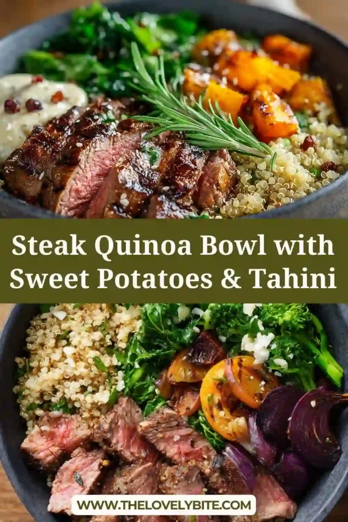 A hearty steak quinoa bowl filled with sliced steak, roasted sweet potatoes, spinach, and raisins topped with creamy tahini dressing. This healthy grain bowl is colorful and packed with protein.