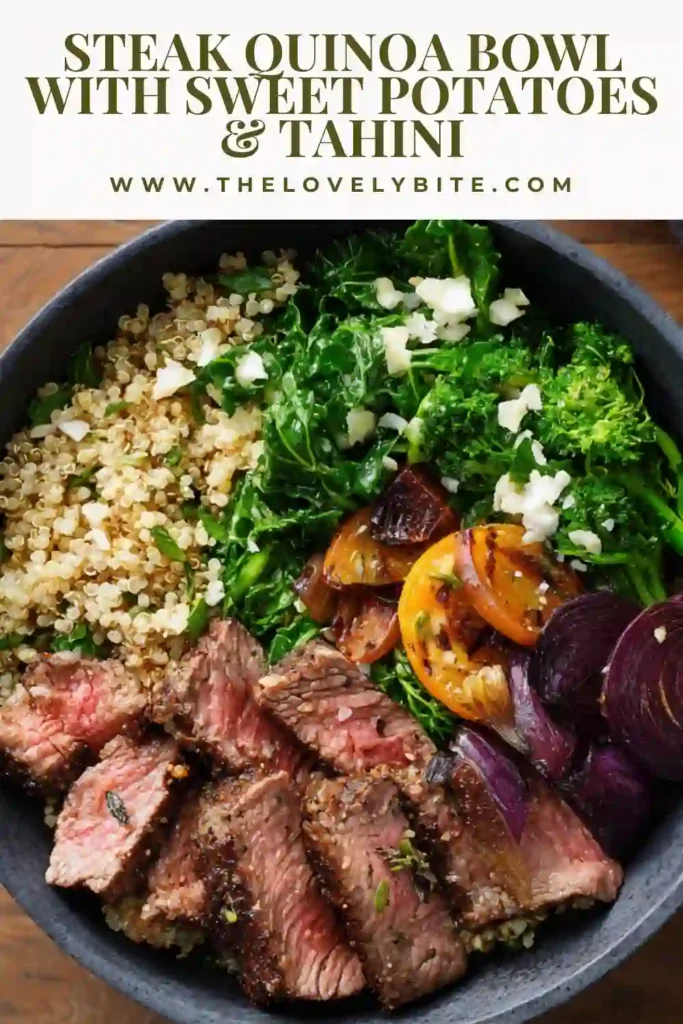 Close view of a steak quinoa bowl with fluffy quinoa, tender steak strips, sweet potatoes, and fresh spinach. A lemon tahini sauce adds a rich and tangy finish.