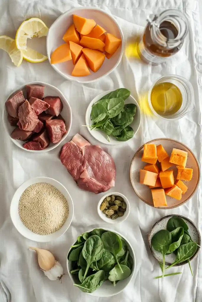 Nutritious steak quinoa bowl featuring protein-rich steak, quinoa, spinach, and sweet potatoes. A wholesome balanced meal perfect for lunch or dinner.