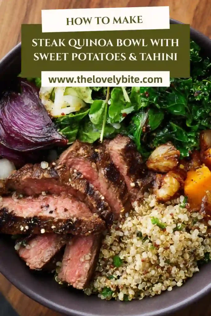 Healthy steak quinoa bowl served with roasted sweet potatoes, greens, and juicy steak slices over quinoa. The bowl is drizzled with a creamy tahini dressing.
