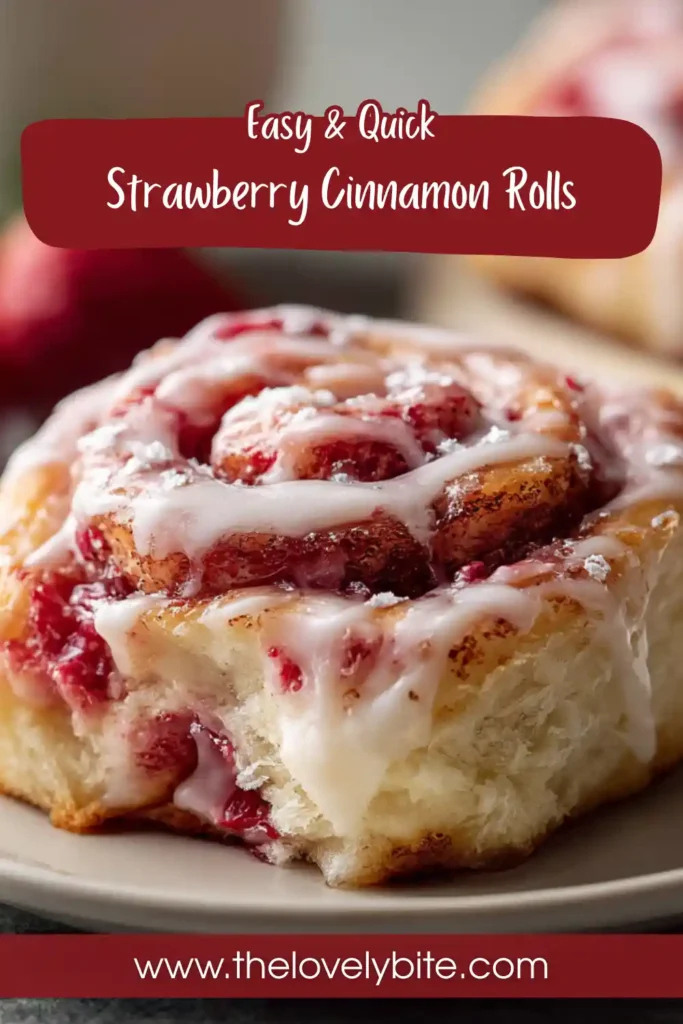 Freshly baked Strawberry Cinnamon Rolls in a baking dish topped with glossy vanilla glaze and filled with sweet strawberry cinnamon filling. These homemade strawberry breakfast rolls look soft and fluffy.