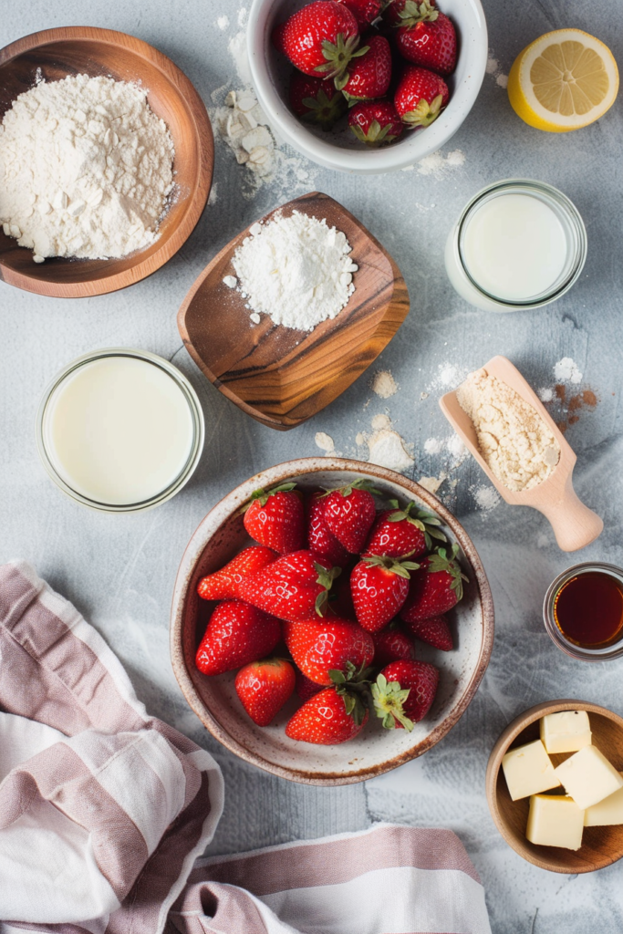 Homemade Strawberry Cinnamon Rolls arranged in a baking dish showing fluffy layers, bright strawberry filling, and sweet glaze.