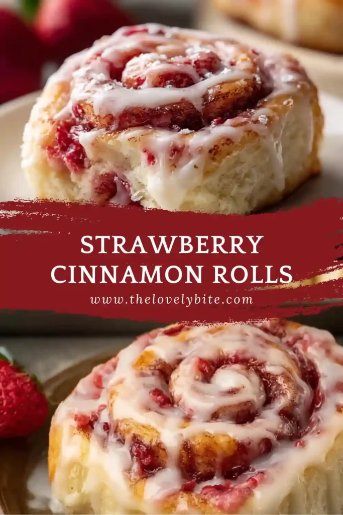 Freshly baked Strawberry Cinnamon Rolls in a baking dish topped with glossy vanilla glaze and filled with sweet strawberry cinnamon filling. These homemade strawberry breakfast rolls look soft and fluffy.