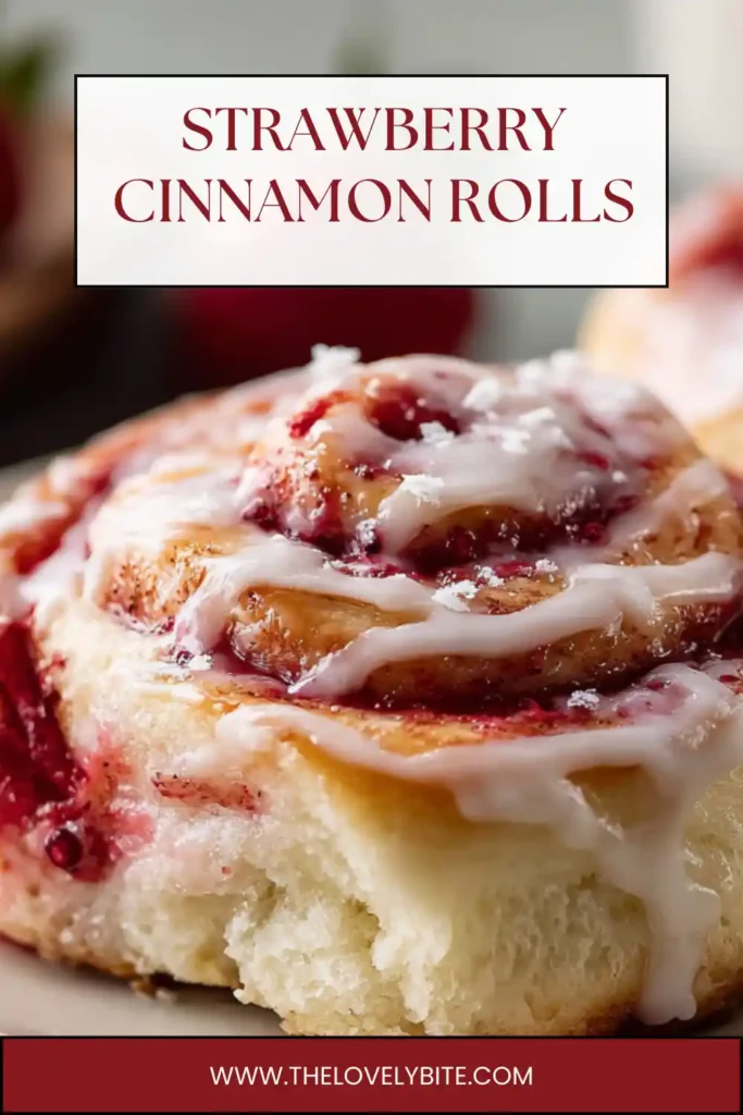 Warm Strawberry Cinnamon Rolls with fresh strawberry filling and soft dough layers, topped with smooth icing and served fresh from the oven.