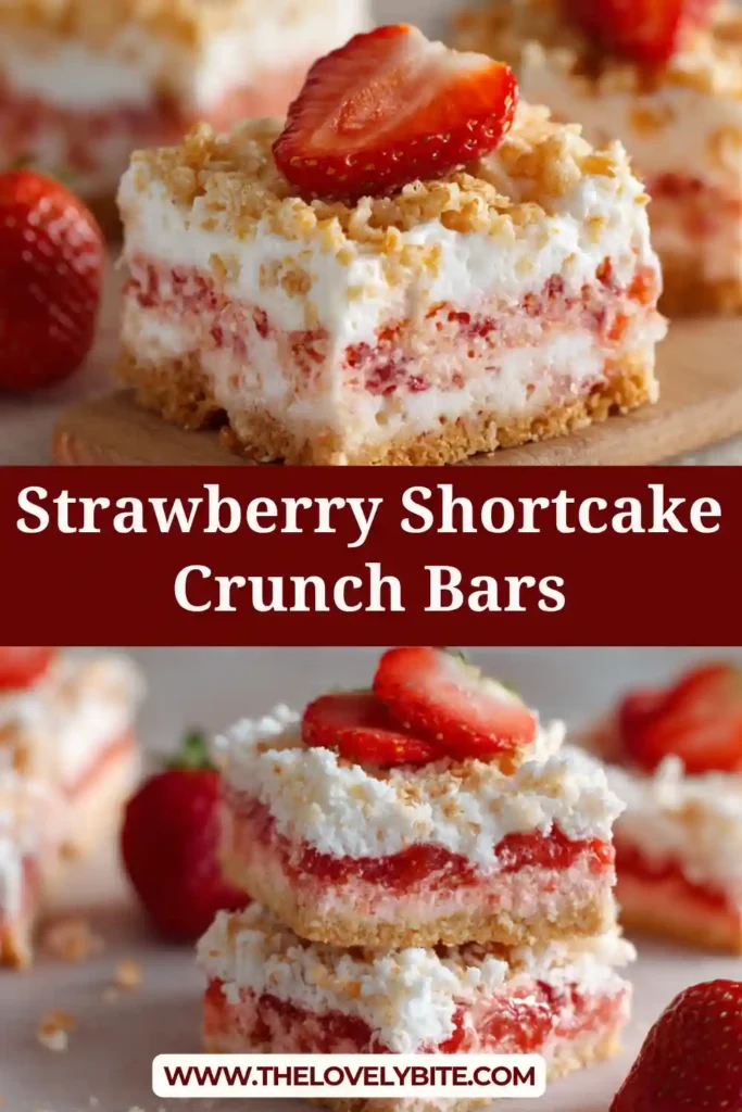 Strawberry Shortcake Crunch Bars sliced into squares and topped with fluffy cream cheese frosting and a pink strawberry cookie crumble. This easy strawberry dessert looks rich, creamy, and perfect for parties.