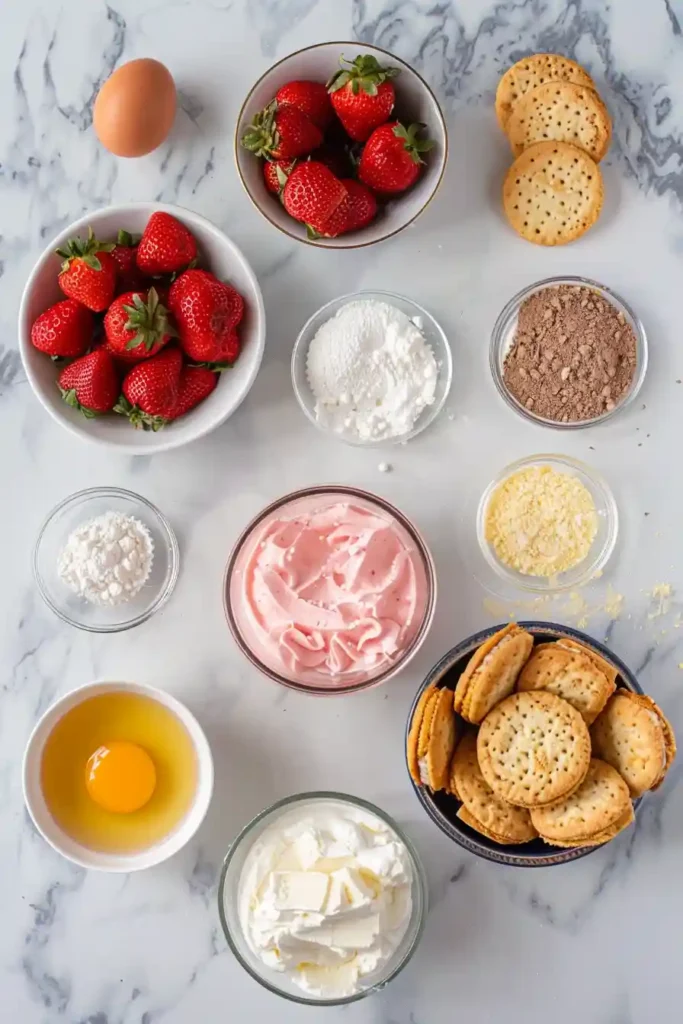 Homemade Strawberry Shortcake Crunch Bars arranged on a serving plate with visible layers of strawberry bar, cream cheese frosting, and crunchy cookie topping. This strawberry shortcake bars recipe is bright, sweet, and bakery-style.