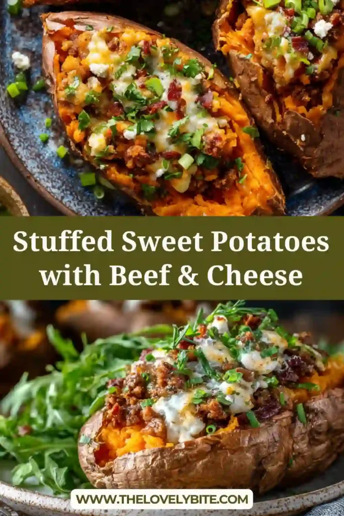 Stuffed Sweet Potatoes filled with seasoned ground beef, melted cheese, and green onions on top, served warm on a plate.