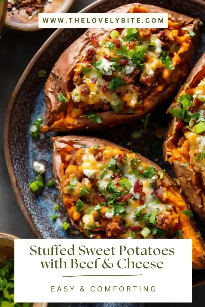 Close-up of cheesy Stuffed Sweet Potatoes with savory beef mixture and herbs, showing a soft and fluffy texture.