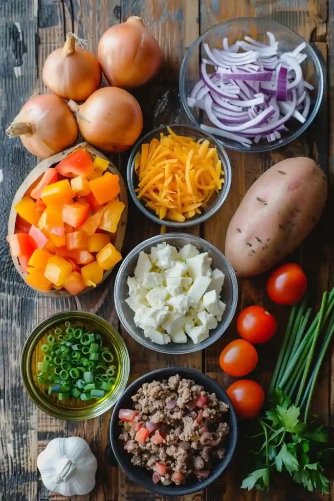 Hearty Stuffed Sweet Potatoes with beef and vegetables, showcasing a colorful and comforting dish.