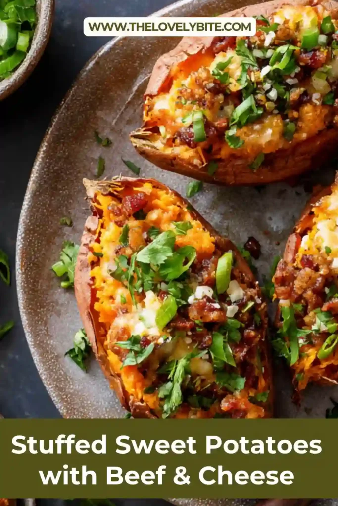 Freshly prepared Stuffed Sweet Potatoes topped with melted mozzarella and cheddar, garnished with green onions.