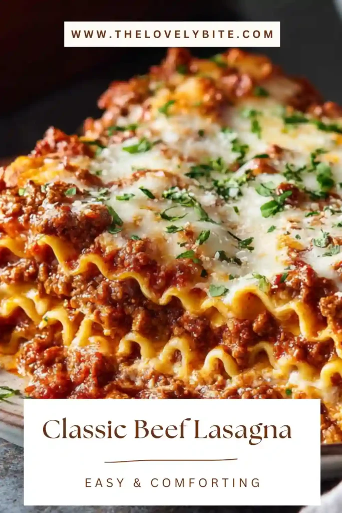 A serving of Best Classic Beef Lasagna Recipe showing thick layers of pasta, savory beef sauce, ricotta mixture, and melted mozzarella topping.
