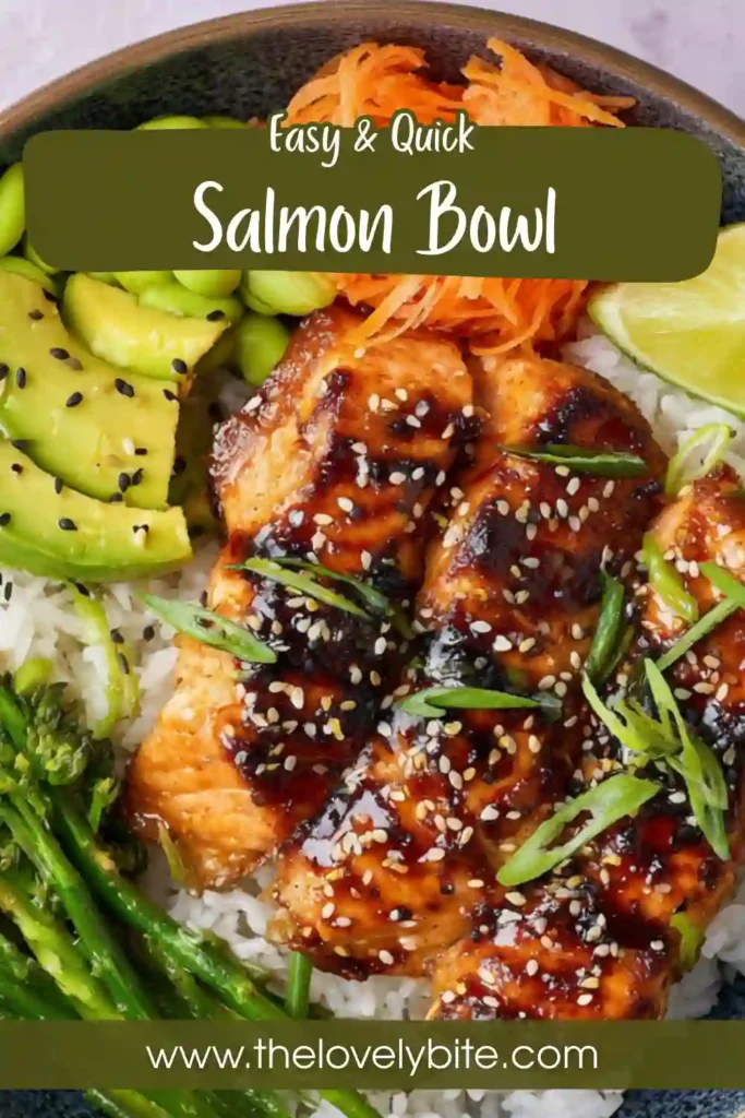 Close-up of a homemade salmon rice bowl topped with glazed salmon, avocado slices, cucumber, and sesame seeds. This easy salmon bowl is a healthy and balanced meal.