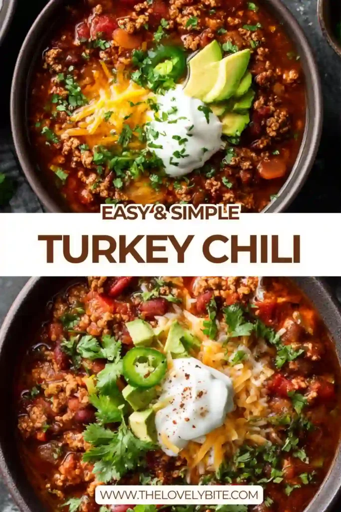 A bowl of Easy Turkey Chili made with lean ground turkey, sweet potatoes, tomato sauce, and bell peppers. This high-protein turkey chili looks thick, hearty, and perfect for a cozy dinner.