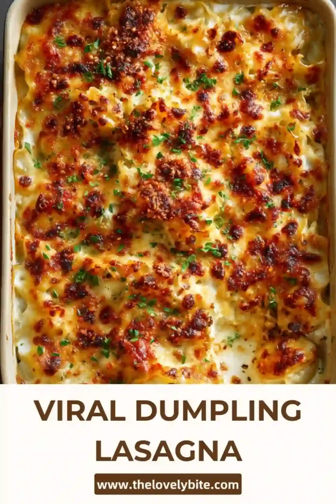 A serving of Viral Dumpling Lasagna topped with chilli oil, chives, and sesame seeds in a heatproof dish. The steamed dumpling wrapper layers look tender and glossy over the savory chicken filling.