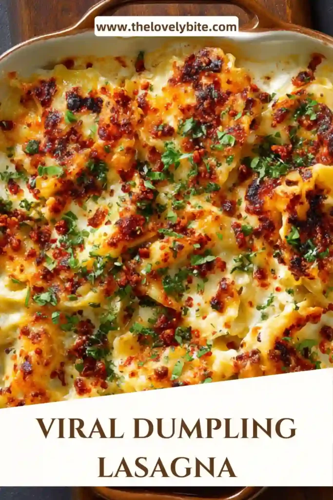 Close-up of Viral Dumpling Lasagna showing delicate steamed dumpling layers, juicy chicken filling, and fresh chives. The texture looks soft, comforting, and full of savory flavor.