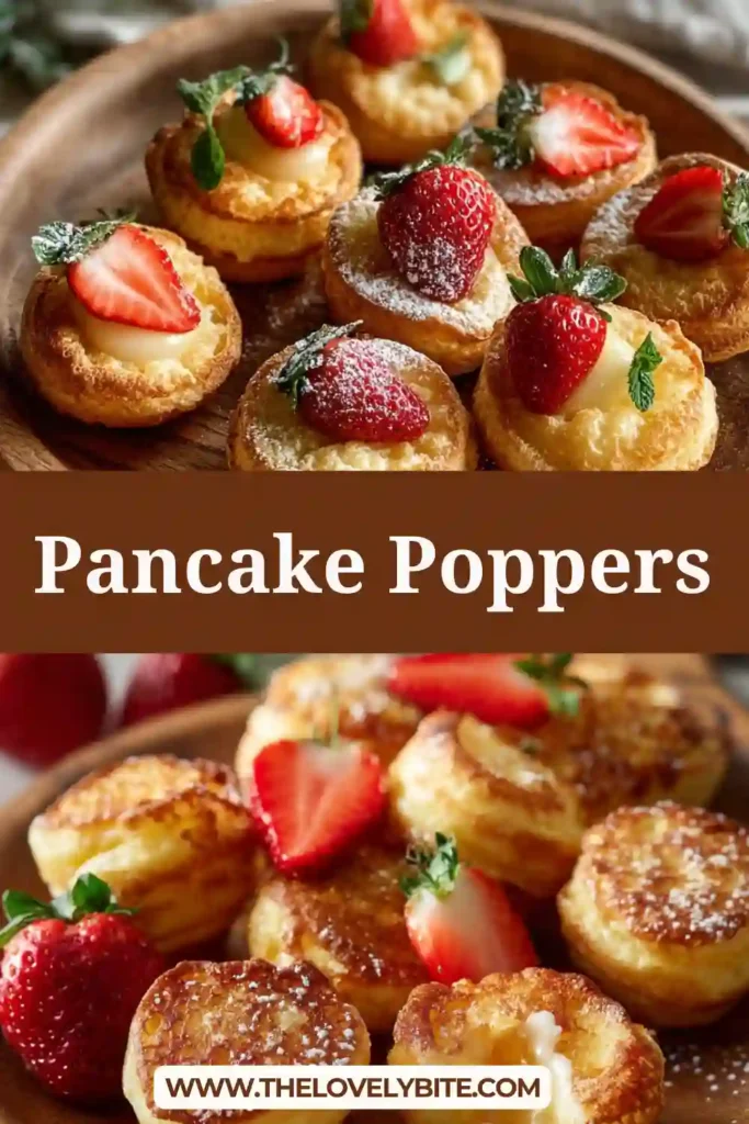 Fluffy Pancake Poppers baked in a muffin tin, served with fresh fruit and powdered sugar for a delicious breakfast option.