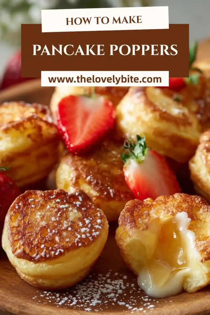 Golden brown Pancake Poppers with syrup drizzle and berries, showcasing a perfect mini pancake recipe.
