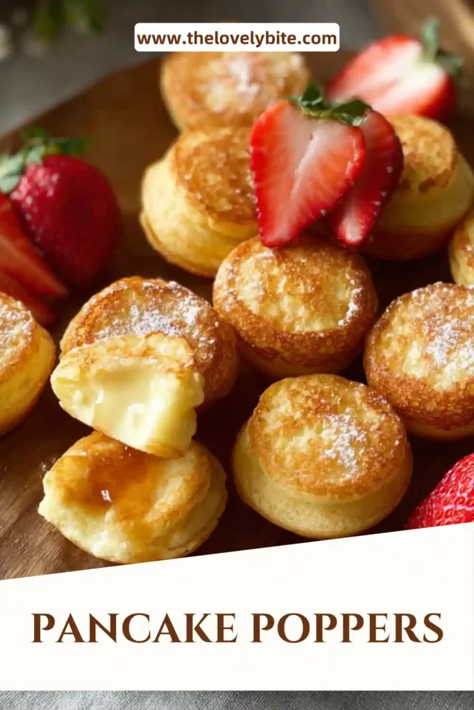 Close-up of soft Pancake Poppers topped with powdered sugar and strawberries on a breakfast plate.