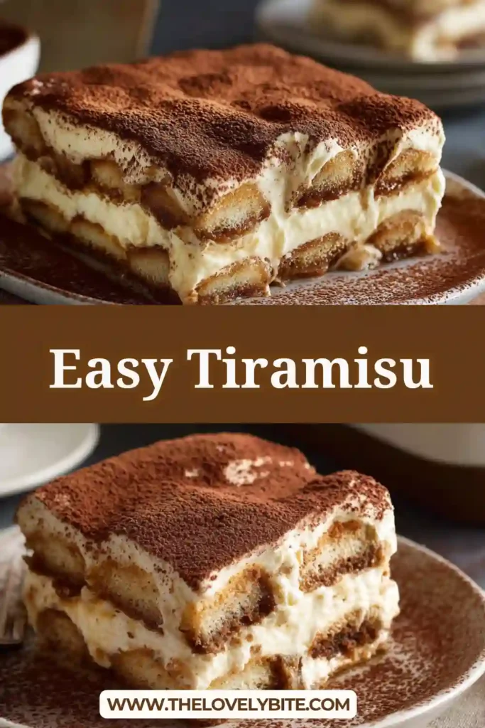 A slice of easy tiramisu layered with mascarpone cream, coffee-soaked ladyfingers, and cocoa powder on top. This no bake Italian-style dessert looks rich, soft, and beautifully chilled.