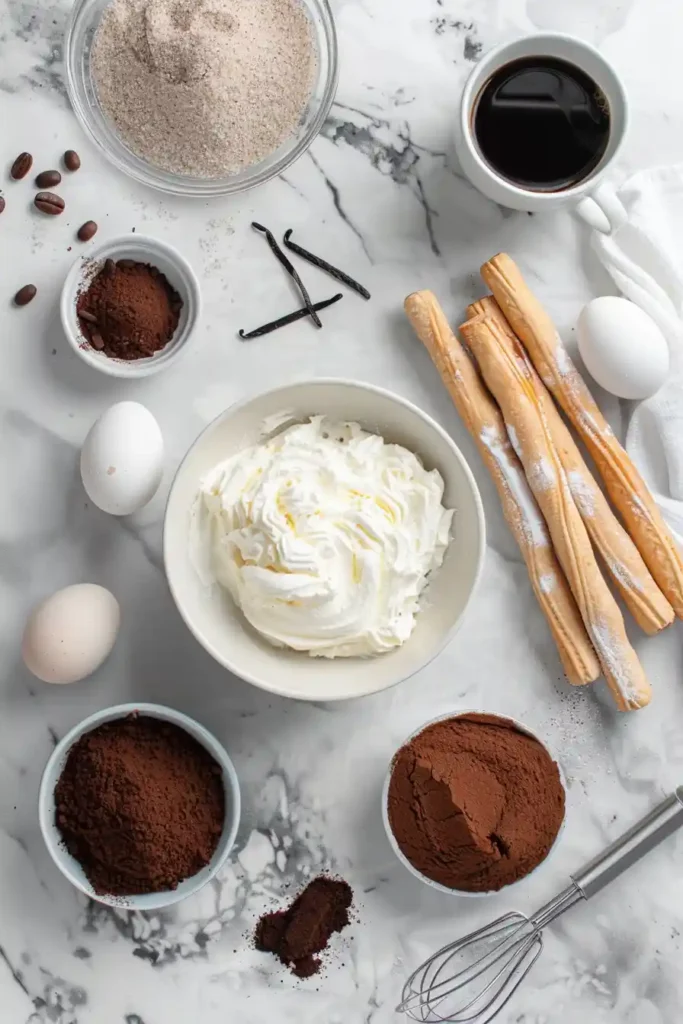 Homemade easy tiramisu topped with cocoa powder and cut into neat squares for serving. The dessert features soft cream layers and deep coffee flavor in every bite.