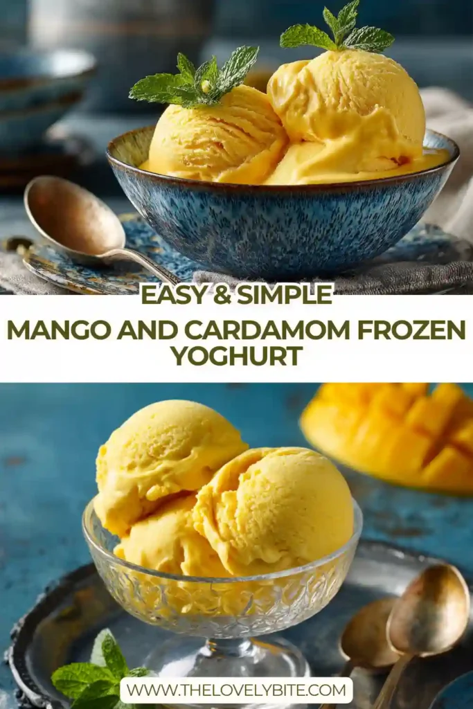 Smooth Mango and Cardamom Frozen Yoghurt scooped into a dish, showing its rich texture and vibrant tropical hue.