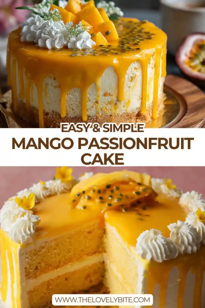 A layered Easy Mango Passionfruit Cake topped with whipped cream, fresh mango slices, and glossy passionfruit sauce. The cake looks soft and tropical.